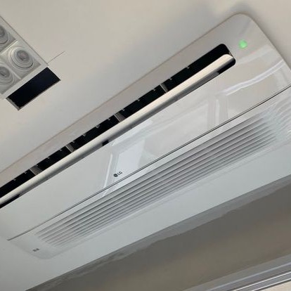 Foto de uma sala com um sofá marrom, uma planta e um ar condicionado do tipo split hi wall caseiro