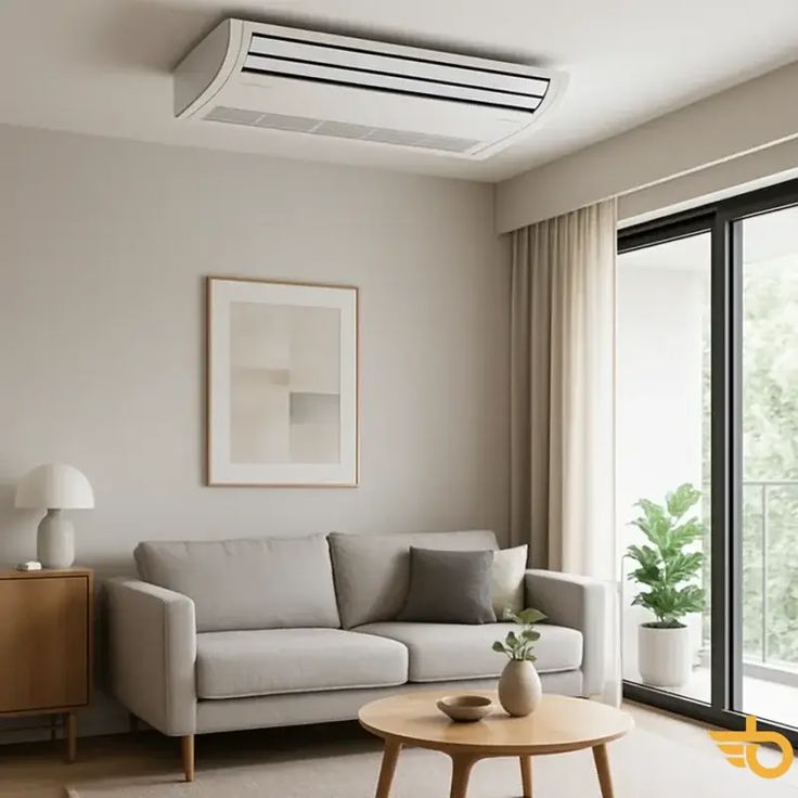 Foto de uma sala com um sofá marrom, uma planta e um ar condicionado do tipo split hi wall caseiro